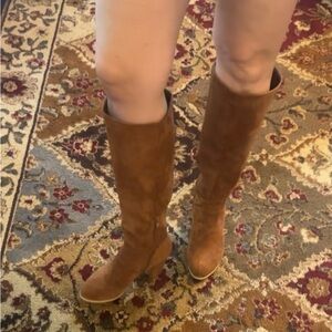 Knee height faux suede heeled boot